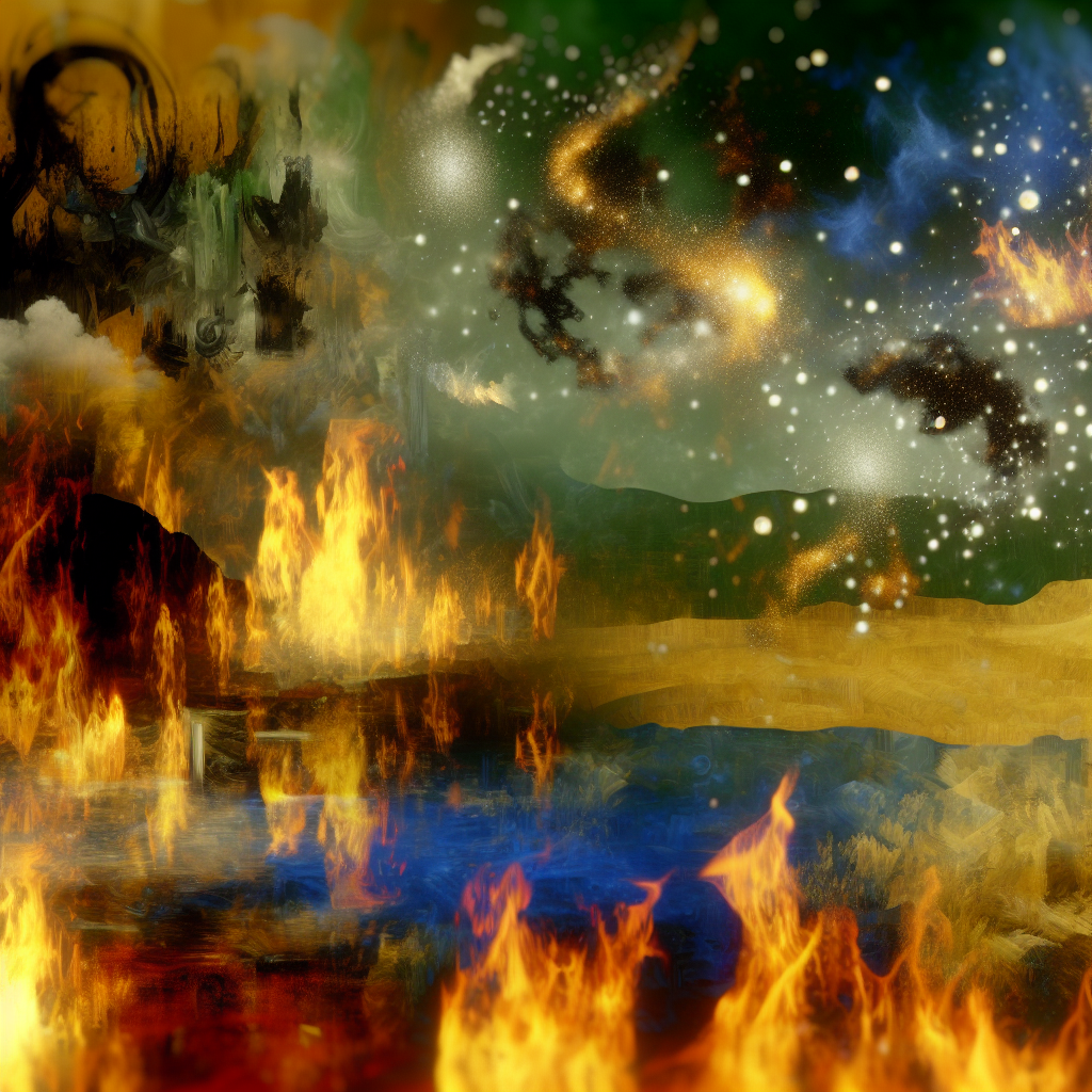 Destruction in a Surreal Fire Dream Destruction by fire in a dream world filled with surreal landscapes.