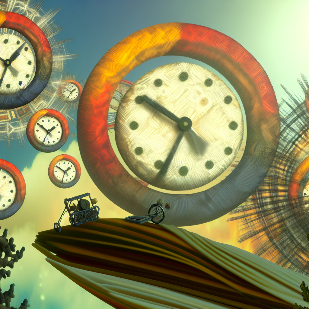 Dream Landscape of Clocks A dreamlike landscape filled with oversized clocks representing time.