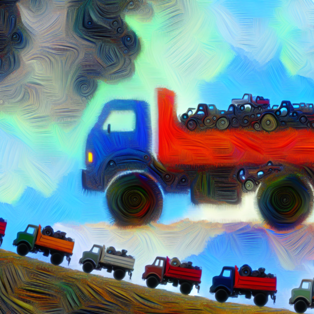 Intense truck race depiction An intense race between trucks under a bright blue sky.