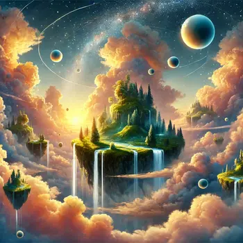 A surreal abstract dreamscape with floating islands, waterfalls cascading into the sky, and soft pastel clouds blending into a golden horizon. Incorporate glowing orbs and stars for a mystical feel