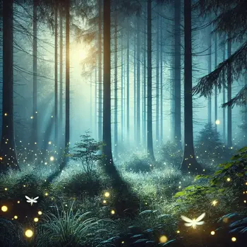 A serene, mystical forest illuminated by soft moonlight and glowing fireflies, with an ethereal mist hovering near the ground. The atmosphere is magical and dreamlike, with towering trees and scattered wildflowers glowing faintly