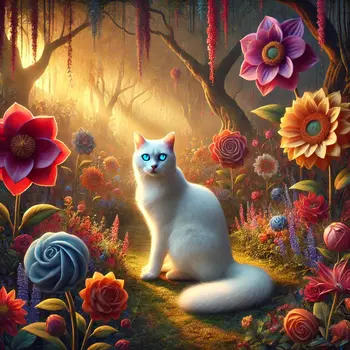 A white cat with glowing eyes sitting gracefully in a whimsical garden filled with oversized, colorful flowers and soft golden light filtering through the trees. The garden has a magical, surreal quality